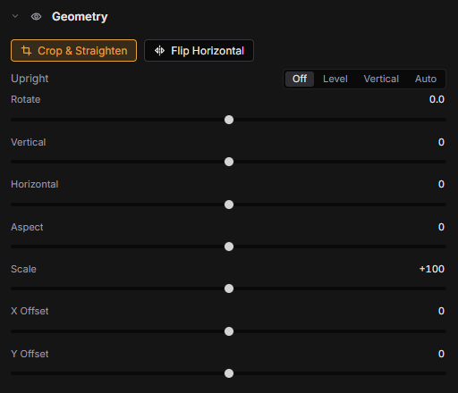 Raelux’s Geometry panel with Crop & Straighten switched on, and Rotate and the other sliders below it